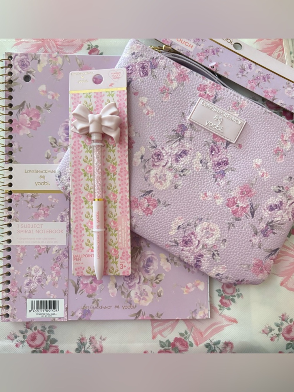 LoveShackFancy x Target Yoobi Lavender Floral Zip Pouch with Pink Bow Pen